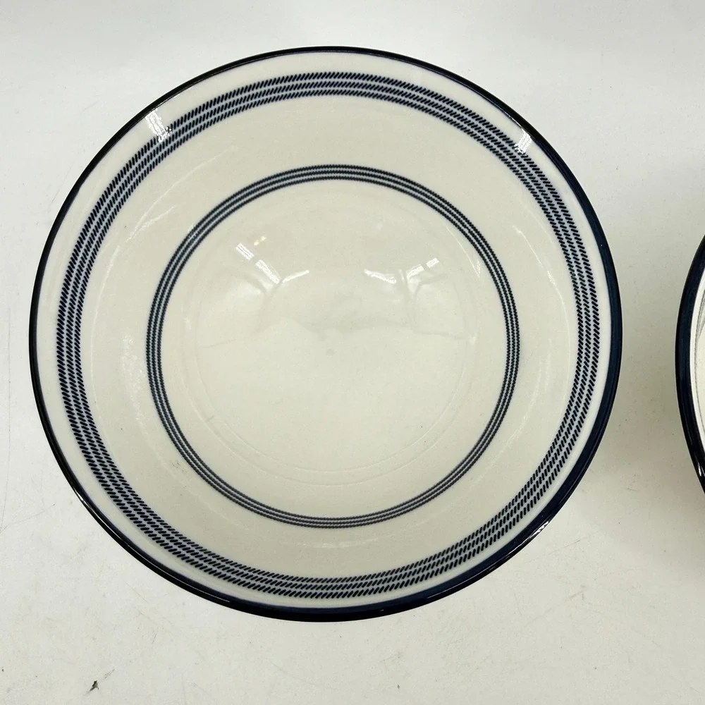 Cereal Bowls Set of 2 White Navy Blue Striped Nautical Coastal Style Tall Soup